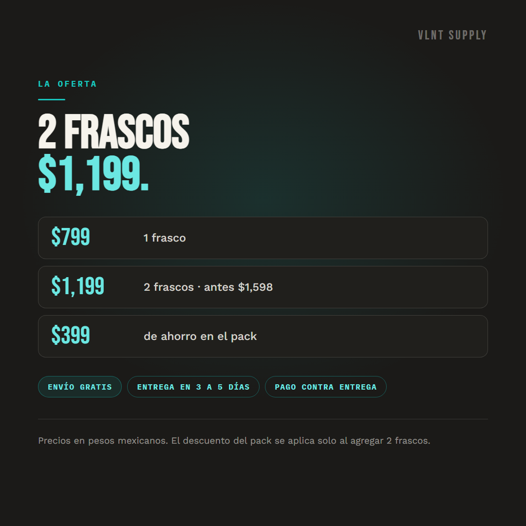 La oferta: 2 frascos por $1,199 en vez de $1,598, con $399 de ahorro. Envío gratis, entrega en 3 a 5 días hábiles y pago contra entrega.