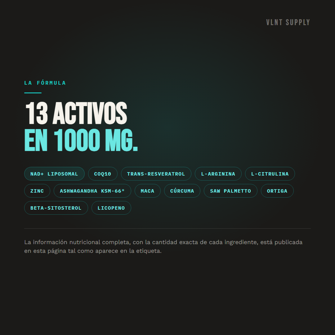 Fórmula de NAD+ Men’s Complex: 13 ingredientes activos en 1000 mg por porción, incluidos NAD+ liposomal, CoQ10, trans-resveratrol, ashwagandha KSM-66®, maca, cúrcuma, zinc y saw palmetto