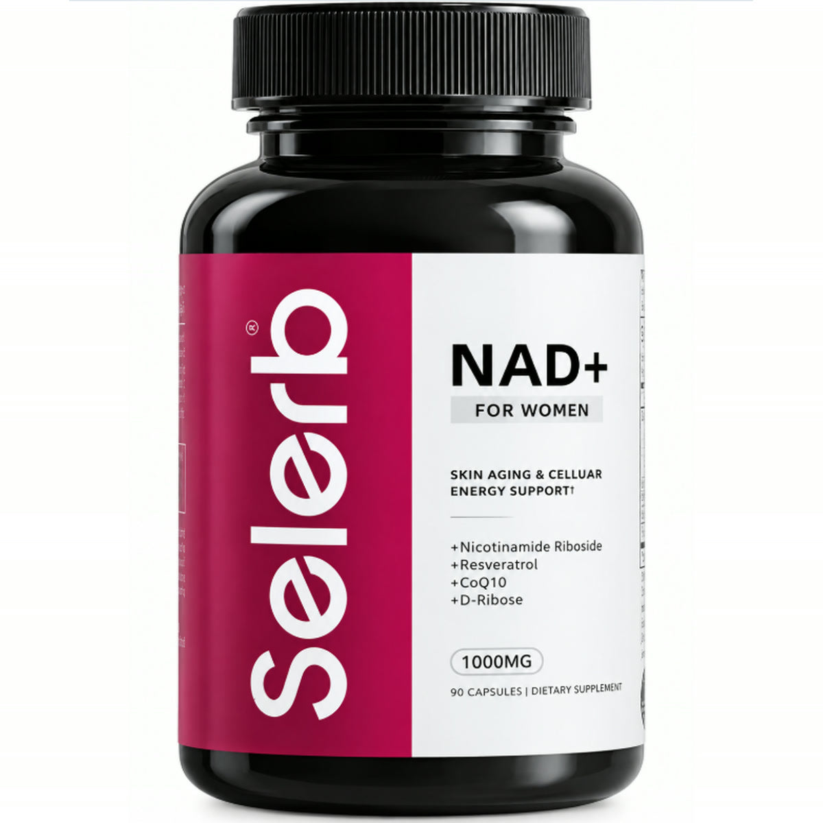 Frasco de NAD+ for Women de Selerb: 90 cápsulas, 1000 mg por porción, con nicotinamida ribosósido, resveratrol, coenzima Q10 y D-ribosa.