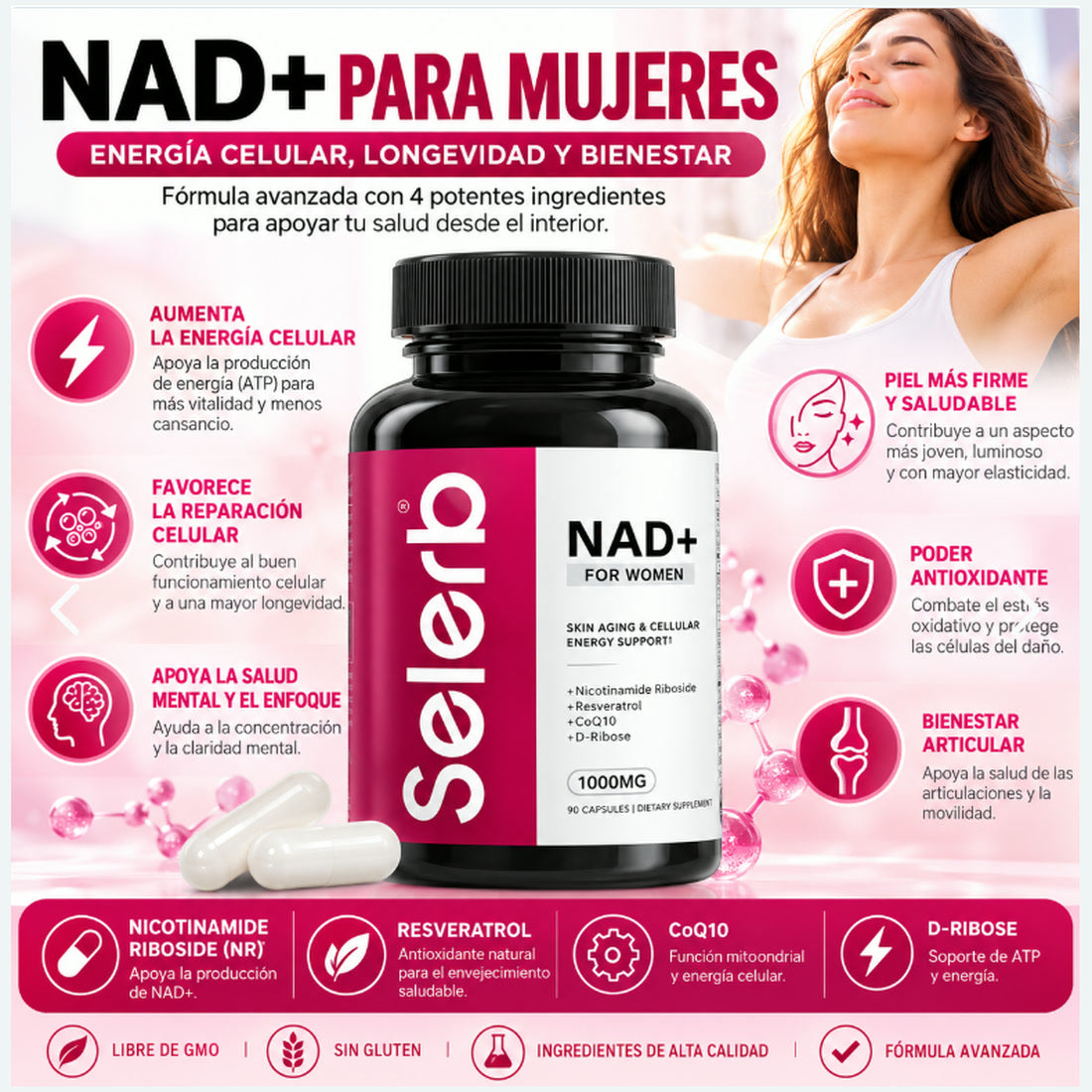 Material informativo del fabricante sobre NAD+ for Women y sus cuatro ingredientes.